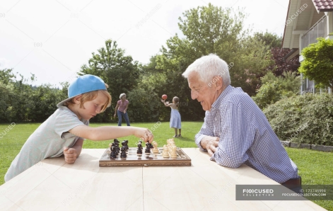 Дідусь і онук грають у шахи в саду — Разом, кавказький - Stock Photo |  #173746994